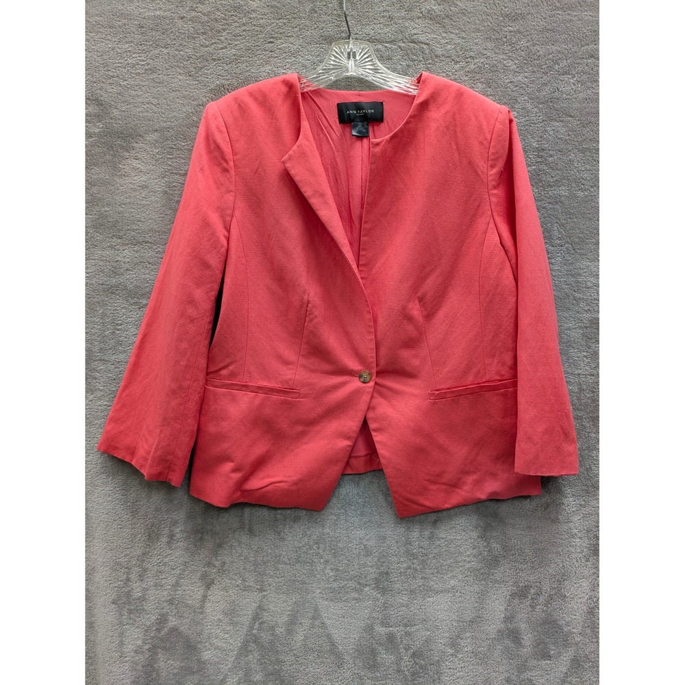 Professional Linen Blend Blazer Womens 14 Coral Pink Open Front Office Career